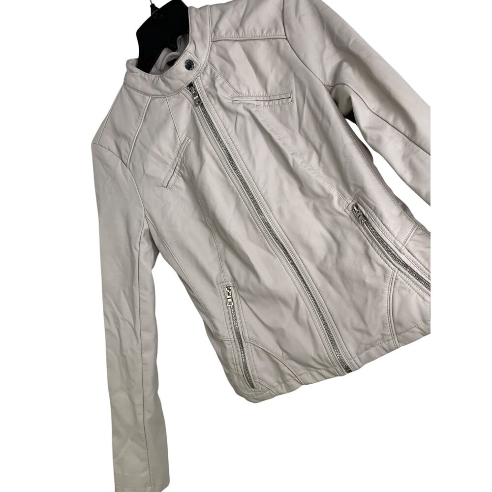 VTG Guess Cream Faux Leather Biker Jacket W/ Zip Cuffs RH10188 Sz S